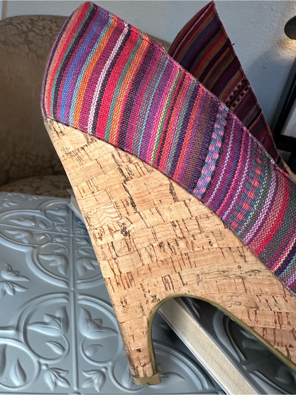 Bamboo Multicolor Striped Cork Platform Peep Toe Heels Size 8.5 Boho Pumps - Picture 5 of 13